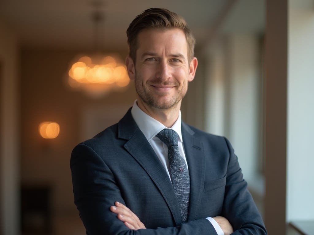 A professional male, David, aged 30, posing for a LinkedIn profile photo. He is dressed in a tailored suit and tie, with a confident and approachable expression. The background is softly blurred to focus on him, with warm, natural lighting enhancing the professionalism of the image. His hair is neatly styled, and he stands with arms crossed, exuding a sense of confidence and charisma suitable for a networking platform.