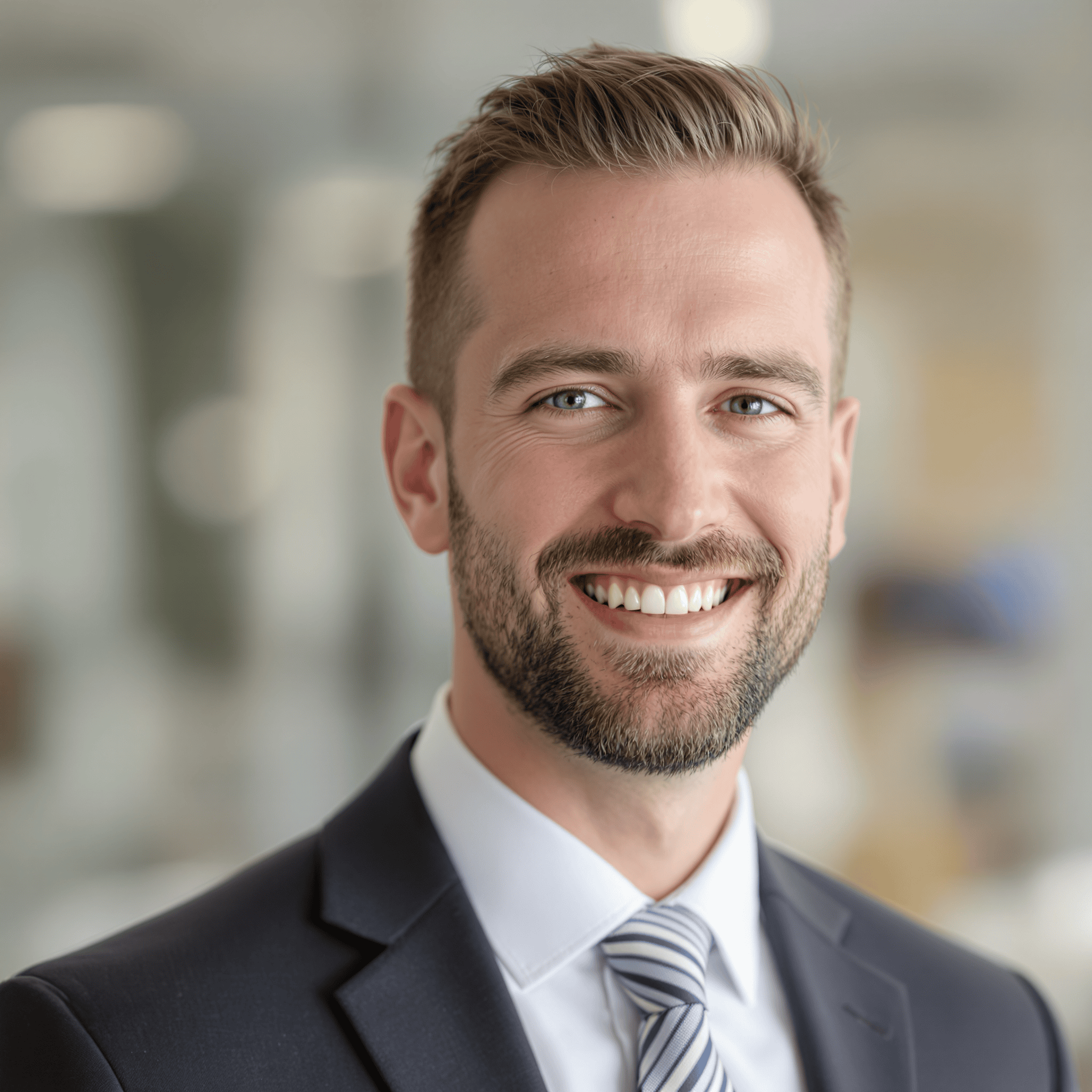 A professional male, James, aged 35, dressed in business attire, smiling confidently against a blurred office background that conveys a LinkedIn setting. The image portrays a sense of professionalism and approachability, ideal for a networking profile, with proper lighting that highlights James' features and maintains a clean, polished look.