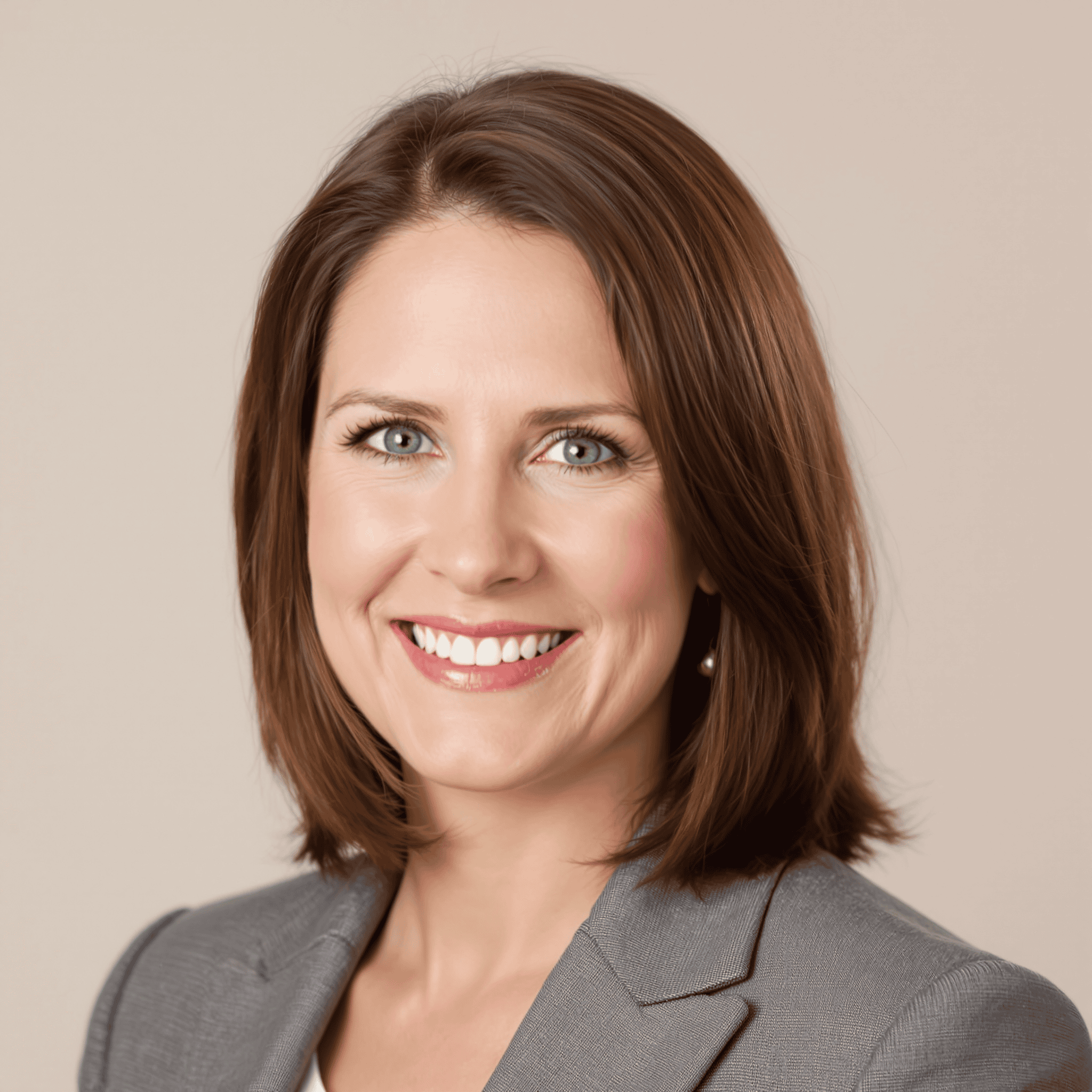 A professional female, Jane, in her 30s, posing for a LinkedIn profile photo. She has shoulder-length brown hair and is dressed in a smart blazer, exuding confidence and professionalism. The background is a soft, neutral color, creating a clean and polished look, suitable for a business networking platform.