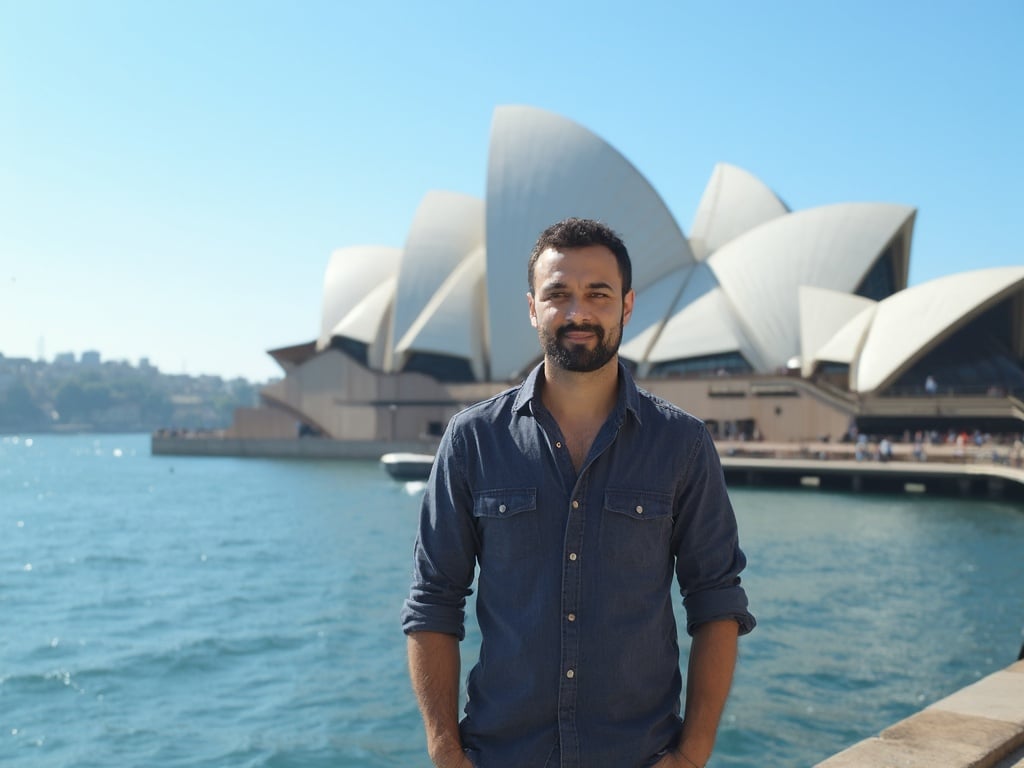 David, a 40-year-old Arab male, standing confidently in front of the Sydney Opera House. He is dressed in a smart-casual outfit, with the iconic architecture of the Opera House providing a stunning backdrop. The scene captures the vibrant atmosphere of Sydney, showcasing a bright blue sky and the reflection of the sails in the water, emphasizing David's connection to this iconic location.