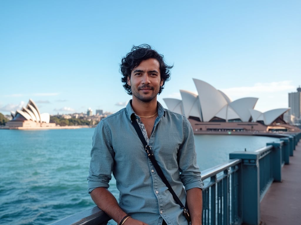 John, a 35-year-old Latin male, standing on the iconic Sydney Harbour Bridge. He has dark wavy hair and a confident smile, dressed casually yet stylishly, reflecting the vibrant atmosphere of the city. The Sydney Opera House is visible in the background under a clear blue sky, creating a picturesque scene that captures the essence of Sydney.