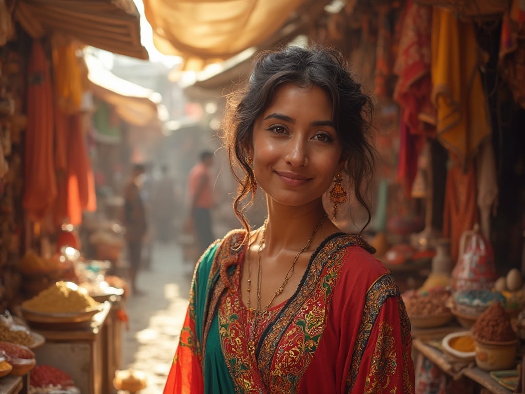 Emily, a 35-year-old Arab woman, is depicted standing gracefully in a vibrant Indian marketplace, surrounded by colorful textiles and spices. She wears a traditional outfit adorned with intricate patterns, reflecting the rich culture of India, with warm sunlight filtering through the vibrant stalls. The scene captures her smile and engagement with the lively atmosphere, showcasing a blend of her Arab heritage and the vibrant Indian setting.