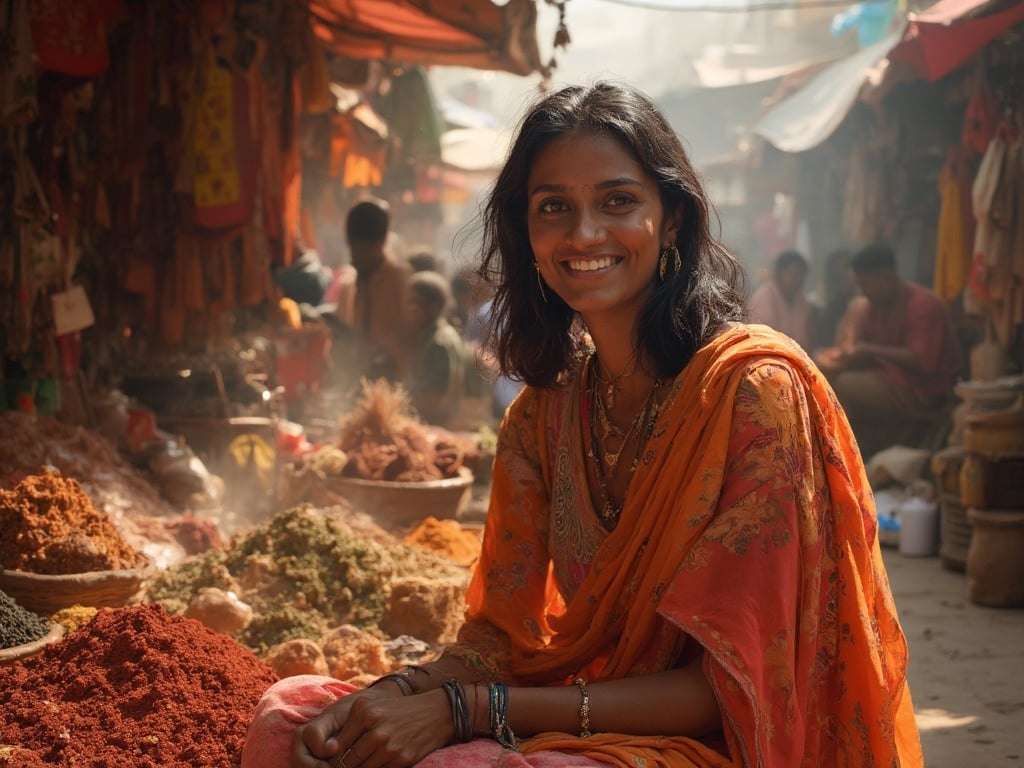 Jane, a 40-year-old Black woman, is sitting in a vibrant Indian market, surrounded by colorful textiles and aromatic spices. She has shoulder-length hair and a warm smile, dressed in traditional Indian attire that reflects the rich culture of the setting. The bustling atmosphere of the market, filled with people and various goods, creates a lively background, capturing the essence of India. The light filtering through the market adds a magical touch to the scene.
