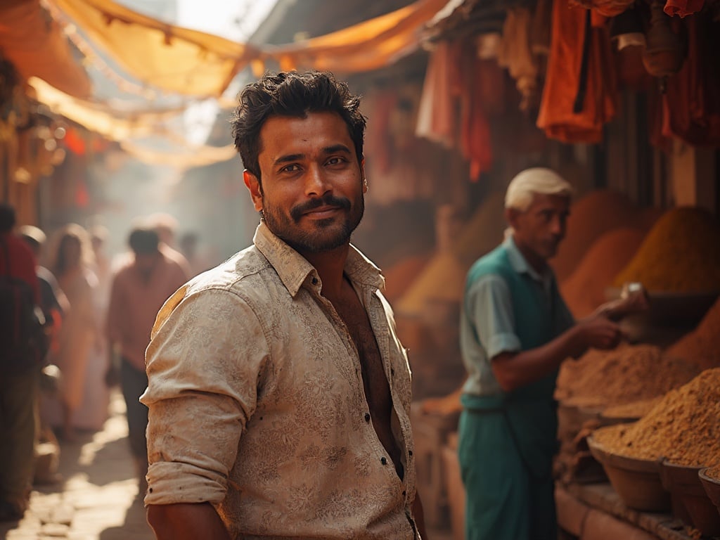 A 35-year-old Latin male, John, standing confidently in a vibrant market in India. He is dressed in casual, colorful clothing, with the bustling market filled with rich spices and textiles in the background. The sun casts warm light on his face, highlighting his features as he interacts with local vendors, capturing the essence of cultural exchange and the lively atmosphere of the Indian market.