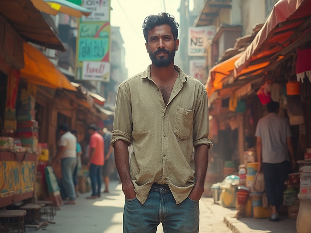 David, a 35-year-old Indian male, standing confidently on the vibrant streets of Mumbai. He is casually dressed, embracing the local culture with warm colors reflecting the bustling environment around him. The background features colorful street art and lively markets, showcasing the energy of life in Mumbai. The scene captures David's connection to the city, highlighting his heritage in this dynamic urban setting.