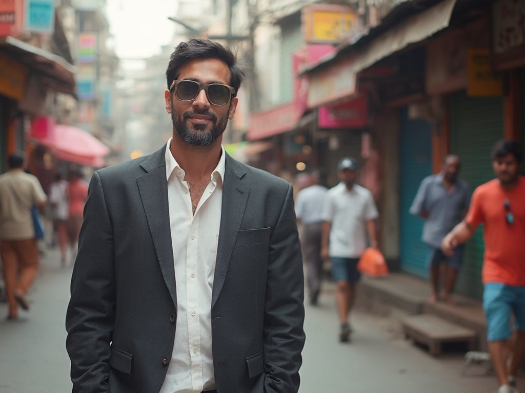 A 35-year-old Middle Eastern man named James, standing confidently on a bustling street in Mumbai. He is dressed in a smart casual outfit, reflecting a modern urban style. The background showcases the vibrant street life of Mumbai, with colorful storefronts and people in motion, capturing the essence of this dynamic city.