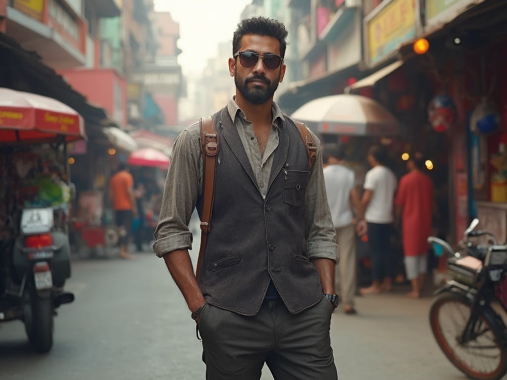 John, a 40-year-old Middle Eastern male, standing in a vibrant street scene in Mumbai. He is dressed in a smart casual outfit, showcasing his unique style. The backdrop features bustling markets and colorful architecture typical of Mumbai, filled with people and vehicles, embodying the city's energetic atmosphere. John's expression reflects confidence and curiosity as he navigates through the lively streets.
