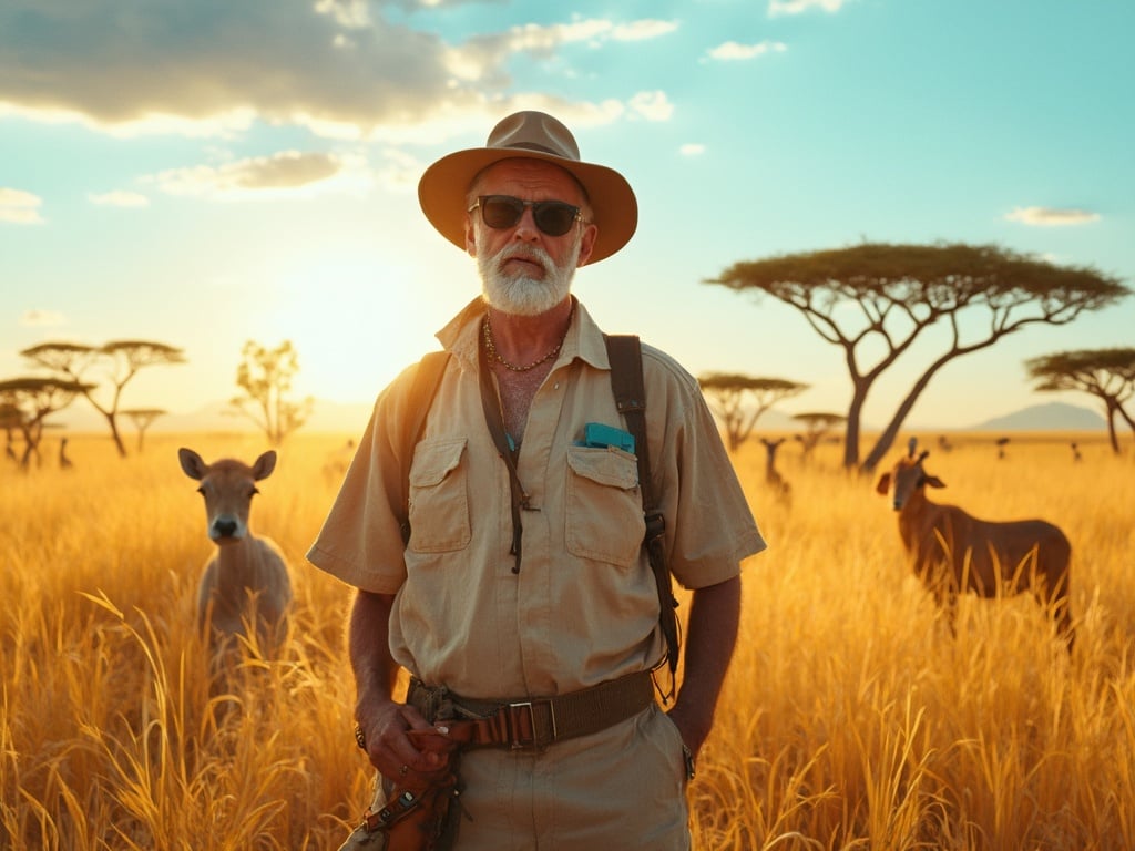 David, a 40-year-old white male, stands confidently amidst a vibrant African safari setting. He is wearing a stylish safari outfit, complete with a wide-brimmed hat and sunglasses. Surrounding him are iconic wildlife silhouettes that reflect the essence of the wild, with golden grasslands stretching out under a bright blue sky. The atmosphere captures the adventurous spirit of a safari experience, showcasing David's connection to nature.