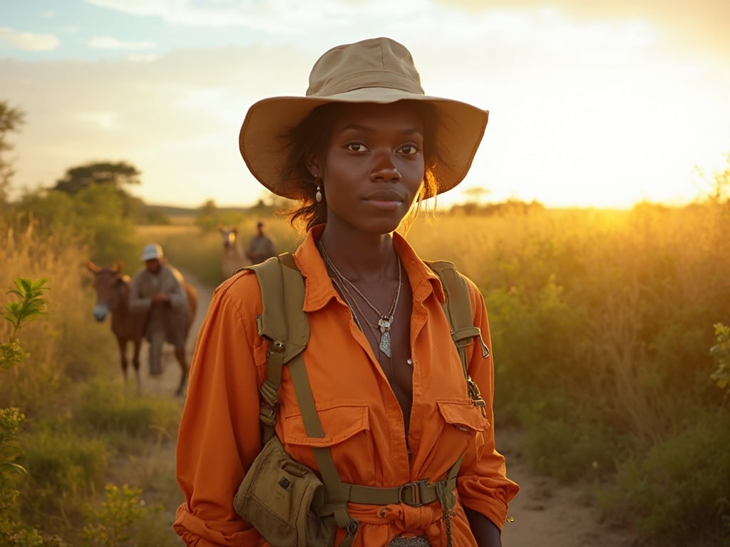 A young black woman, Emily, 25 years old, stands confidently in her vibrant safari attire amidst the African plains. She is surrounded by lush vegetation and wildlife in the background, showcasing a sense of adventure and exploration. Her expression reflects excitement as she experiences the beauty of nature during her safari adventure, with a bright sky and the warm glow of the sun enhancing the scene. The image captures the essence of wildlife exploration with Emily at the forefront, embodying courage and curiosity.
