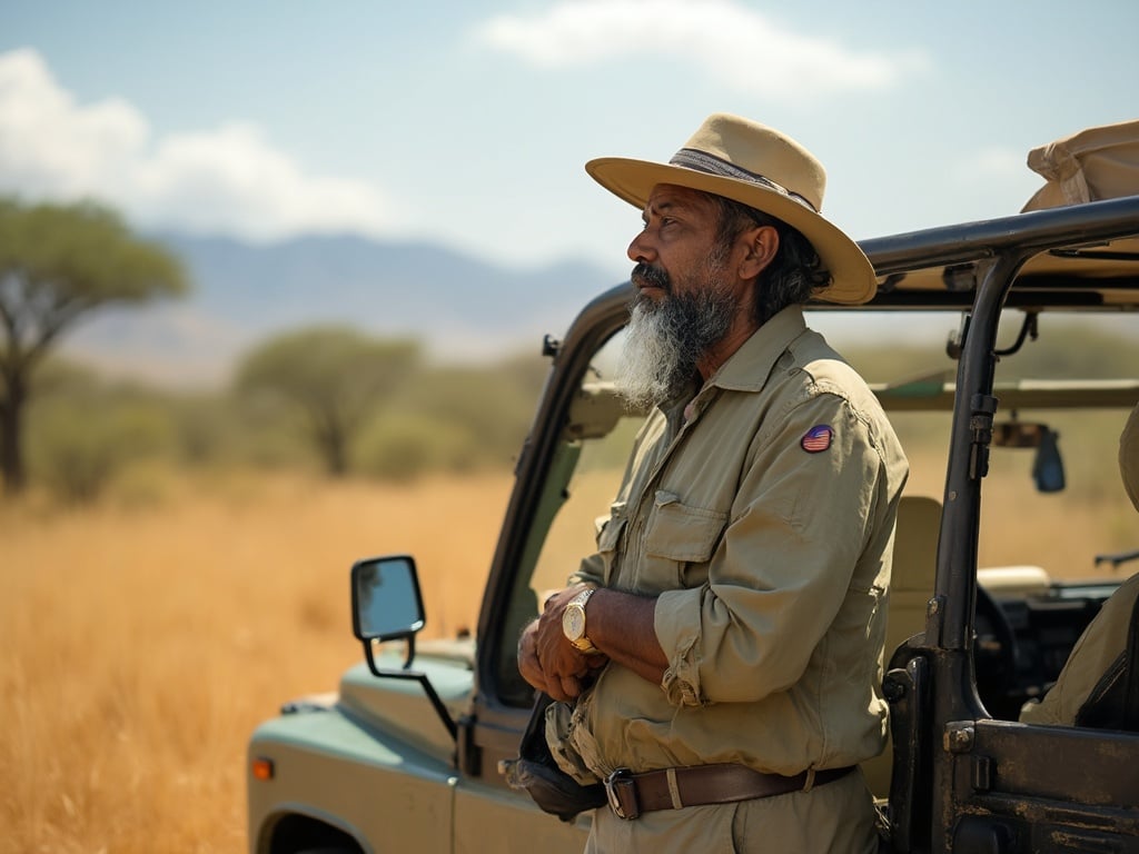 Michael, a 40-year-old Indian man, is on a safari adventure, standing next to an open jeep amidst the African savannah. Dressed in safari gear, including a wide-brimmed hat and breathable clothing, he gazes thoughtfully into the distance, surrounded by the vibrant colors of nature. The setting captures the essence of exploration and connection with wildlife, with acacia trees and distant mountains framing the background.