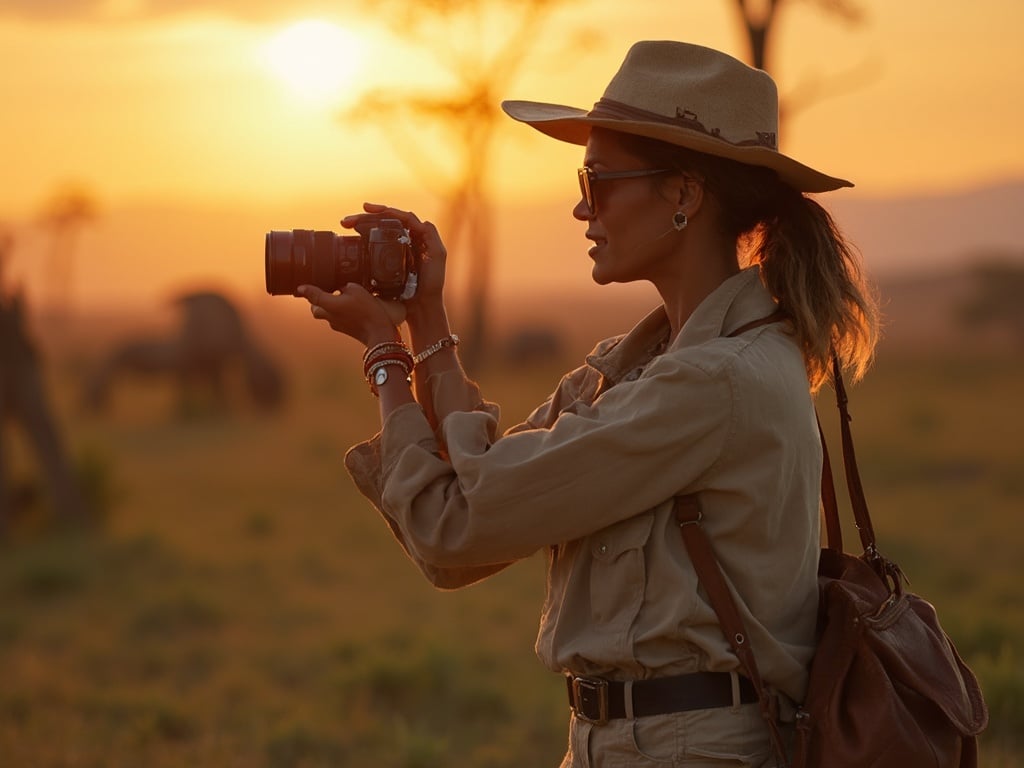 Olivia, a 40-year-old African American woman, is enjoying a safari setting. She is dressed in a stylish, practical safari outfit, complete with a wide-brimmed hat and sunglasses. The background features the beautiful landscape of the African savannah, with acacia trees and a stunning sunset casting warm colors over the scene. Olivia is capturing the moment with a camera, embodying the spirit of adventure and exploration in the wild.
