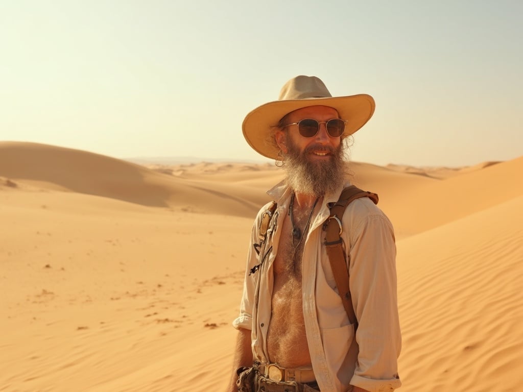 James, a 30-year-old white male, is standing confidently in the Safari Desert. He is dressed in lightweight, casual desert gear, including a wide-brimmed hat and sunglasses, with the vast, golden dunes stretching behind him. The sunlight casts warm tones across the scene as he gazes into the distance, embodying the spirit of adventure and exploration in an expansive, arid landscape.