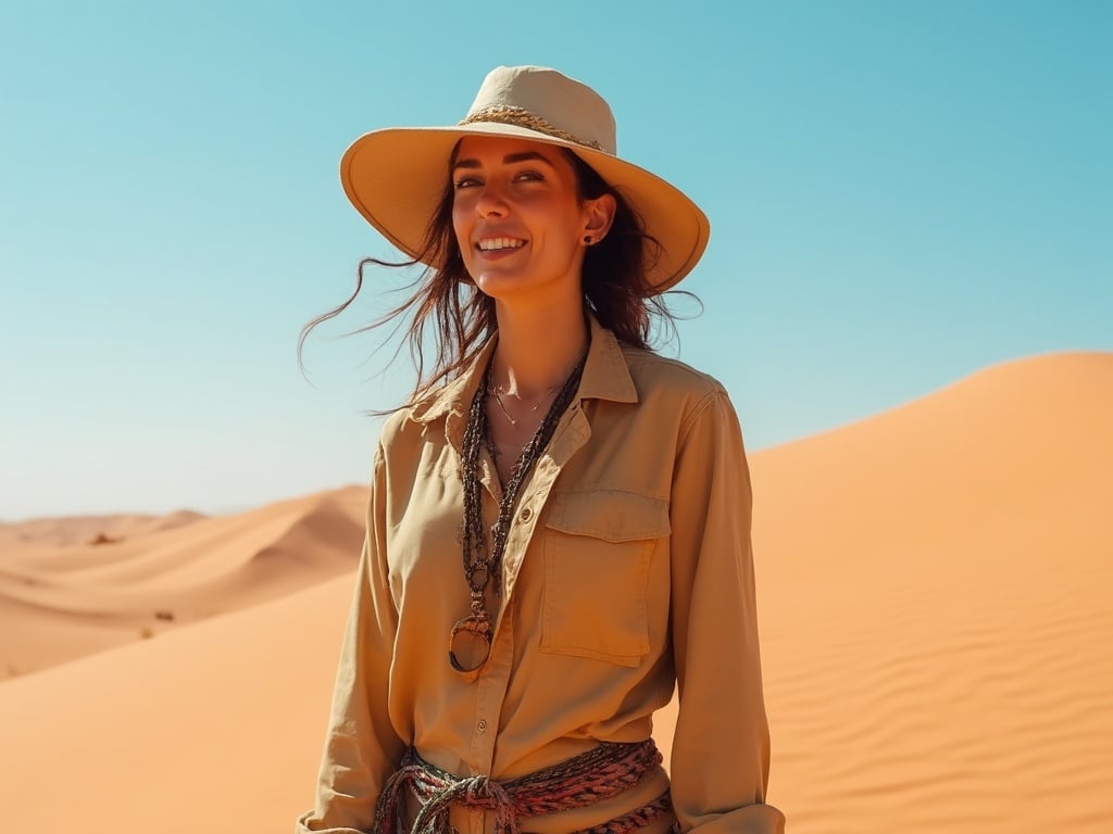 Jane, a 30-year-old Middle Eastern woman, stands confidently in the Safari Desert. She is dressed in a stylish desert outfit suitable for the warm climate, with a wide-brimmed hat shading her face from the sun. The backdrop features rolling sand dunes under a bright blue sky, capturing the essence of a desert adventure. Her expression is one of excitement and wonder, reflecting the beauty of the landscape around her.