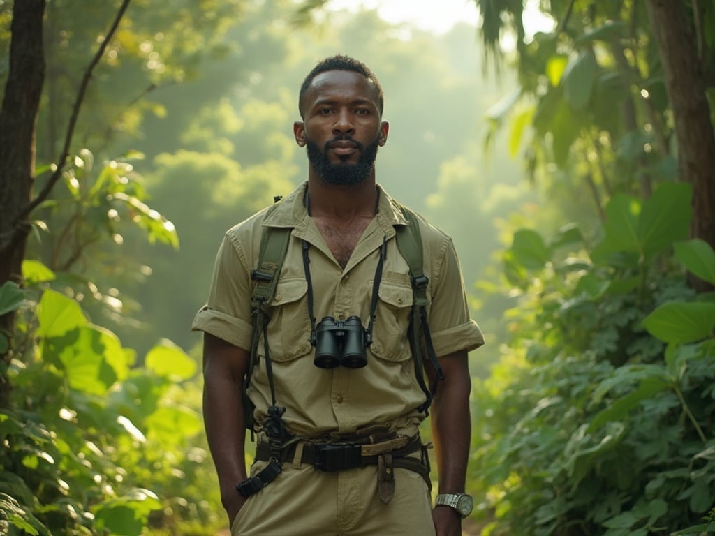 John, a 25-year-old Black male, standing confidently in a lush Safari Jungle setting. He is dressed in practical safari attire, including a lightweight shirt and cargo shorts, equipped with binoculars around his neck. The backdrop features vibrant green foliage and exotic wildlife, capturing the adventure and beauty of the jungle environment, with soft sunlight filtering through the trees.