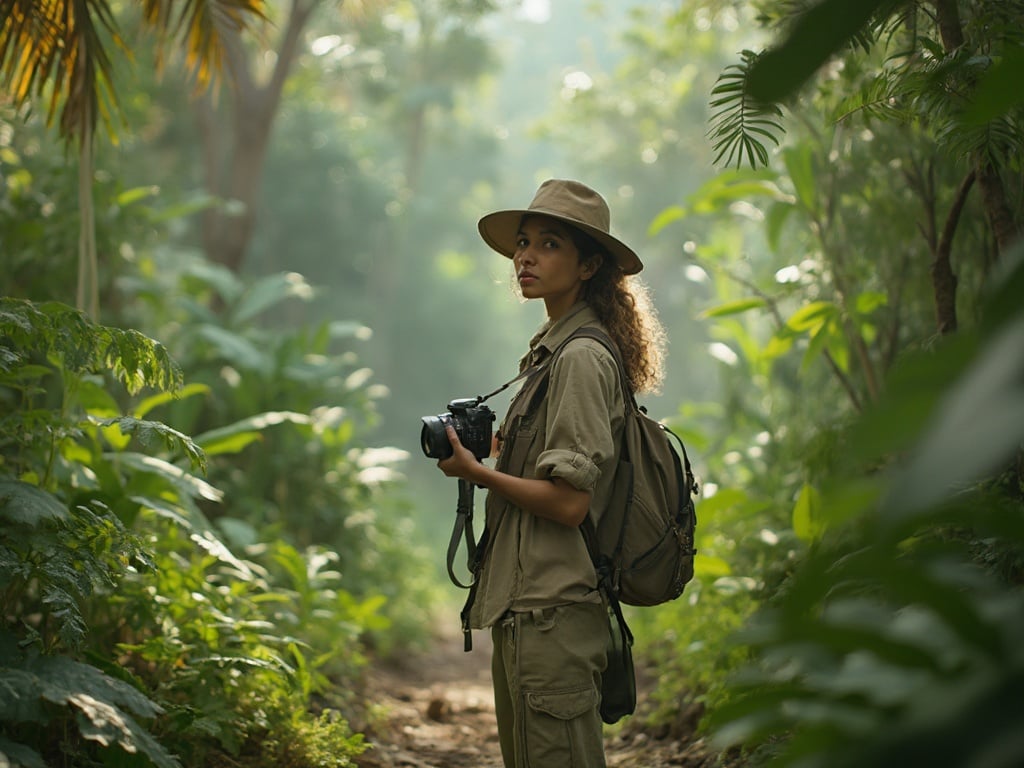 A 35-year-old Middle Eastern woman named Sarah is exploring a Safari Jungle, surrounded by vibrant greenery and exotic wildlife. She is dressed in practical safari attire, including a lightweight, breathable shirt and cargo pants, along with a wide-brimmed hat for sun protection. The environment is alive with the sounds of the jungle, creating a serene and adventurous atmosphere. Sarah is capturing the beauty of her surroundings with a camera, embodying the spirit of exploration in the lush wilderness.