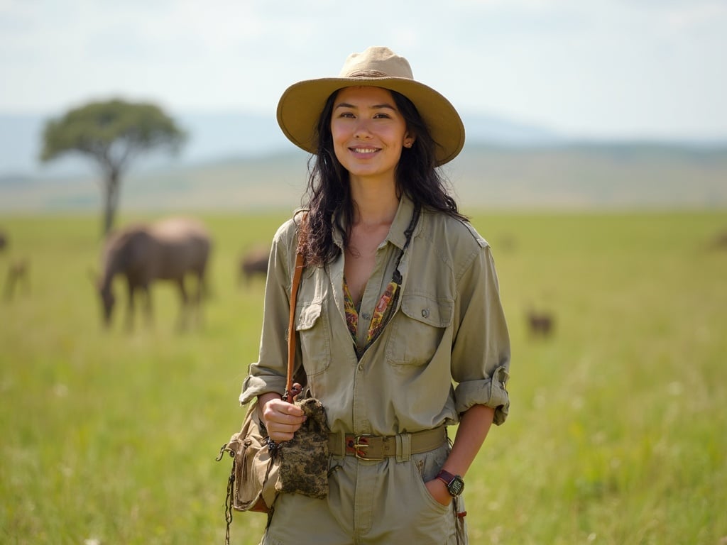 Emily, a 40-year-old Asian female, standing gracefully in the lush landscape of the Maasai Mara during a safari. She's dressed in a stylish safari outfit, with a wide-brimmed hat to shield her from the sun. The background features the iconic savanna, dotted with acacia trees and wildlife. The scene captures the essence of adventure and exploration, highlighting Emily's connection with nature in this stunning setting.