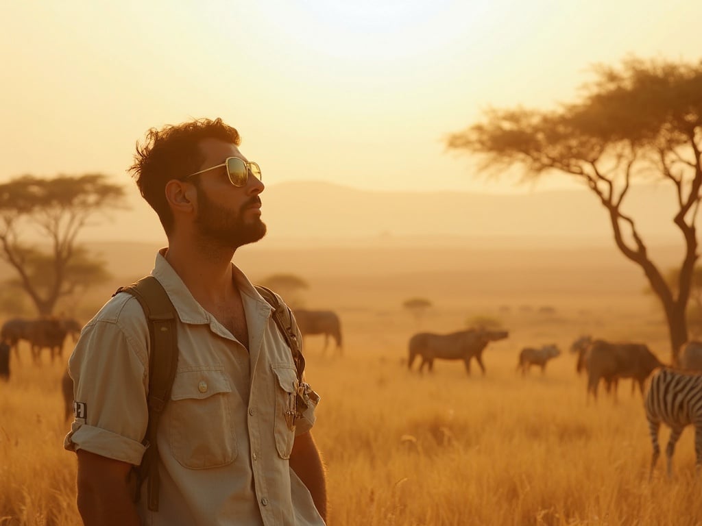 John, a 30-year-old Middle Eastern male, stands confidently in the Maasai Mara during a safari. Dressed in light, breathable safari attire, he is surrounded by the stunning landscape of rolling savannahs and acacia trees. The golden sunlight creates a warm atmosphere, highlighting his adventurous spirit as he gazes into the distance, taking in the beauty of the wildlife around him. The setting captures the essence of exploration and connection with nature.
